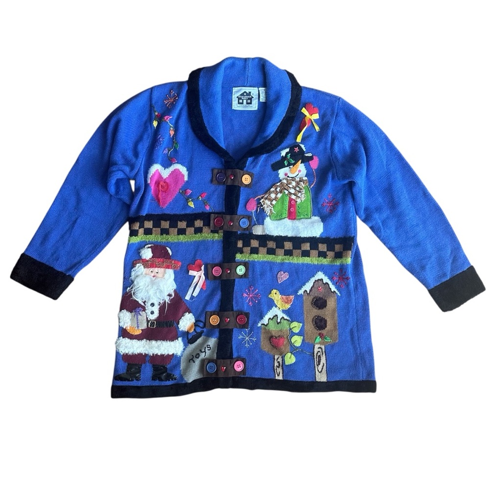 Storybook Knits M Ugly Christmas Cardigan Sweater Blue Santa Snowman 3D Appliqué